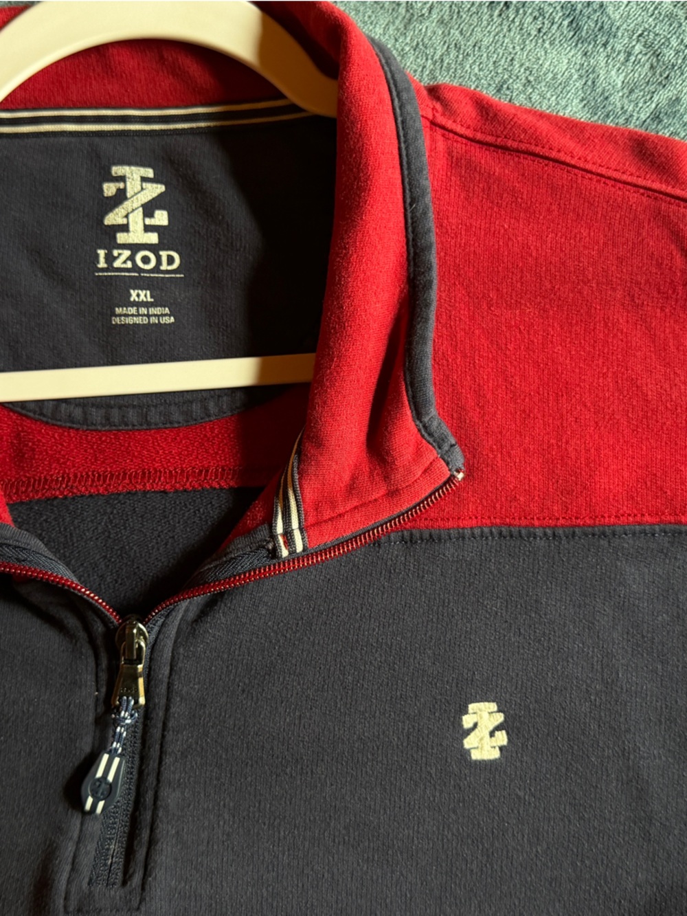 IZOD Men’s Red and Navy Half-Zip Pullover Sweater - Picture 2 of 2